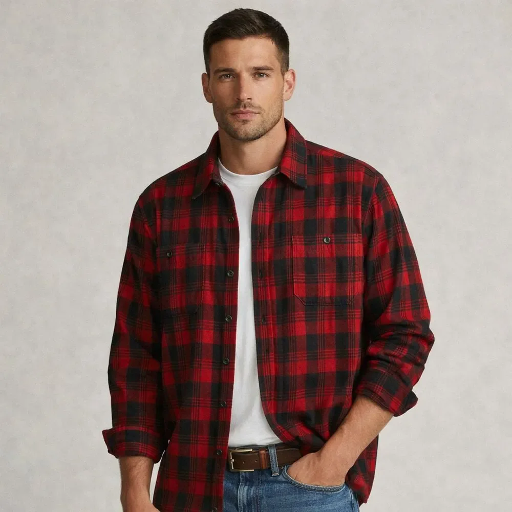 Polo Ralph Lauren Flannel Shirt Mens Size M Heavy Cotton Buffalo Plaid Cabincore